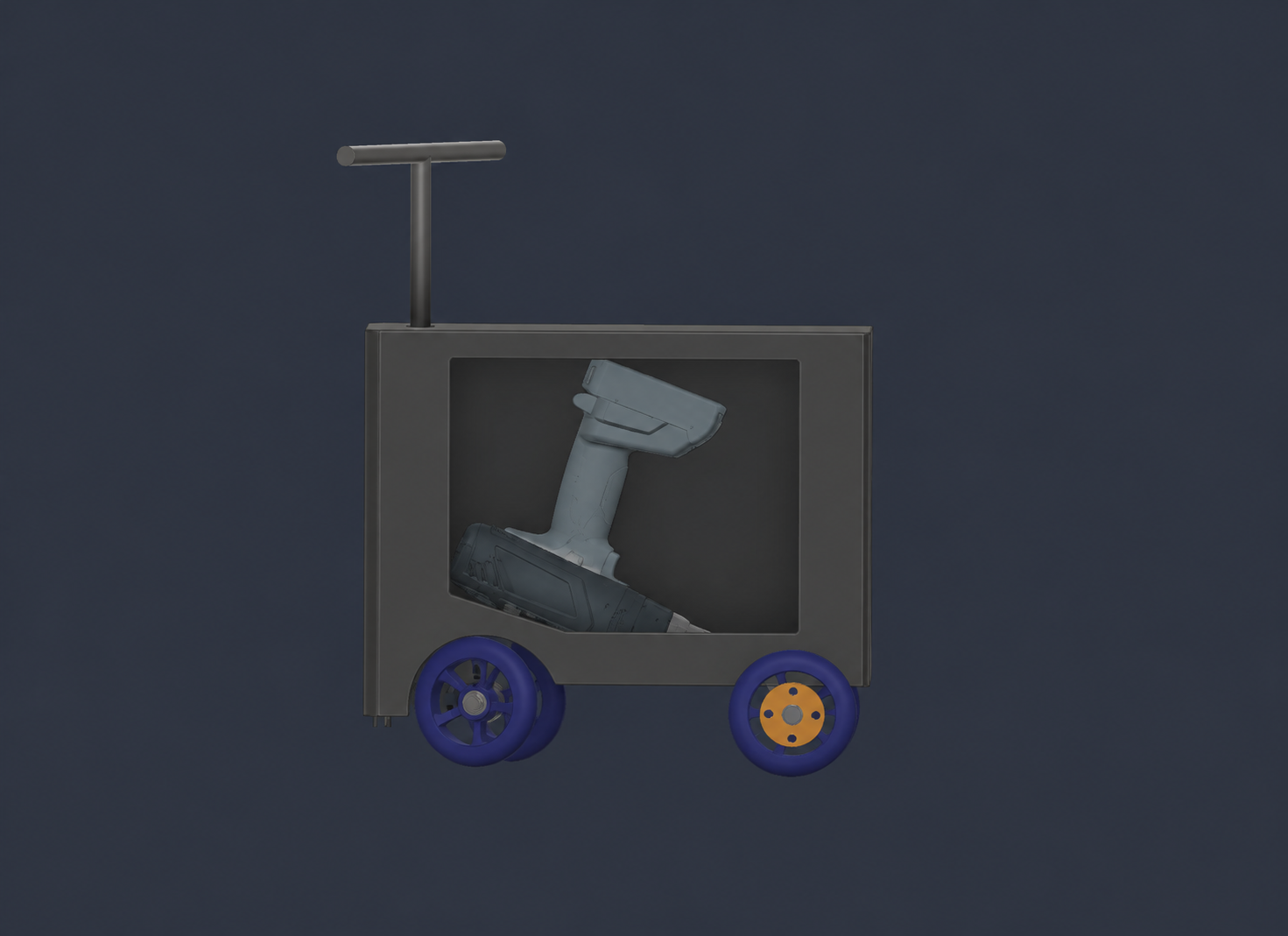 Illustration de profil du DrillKart avec la perceuse visible et les autres mécanismes masqués.